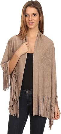 LL Womens Open Front Poncho Vest Boho Wrap Fringe Vegan Faux Suede - Many Style