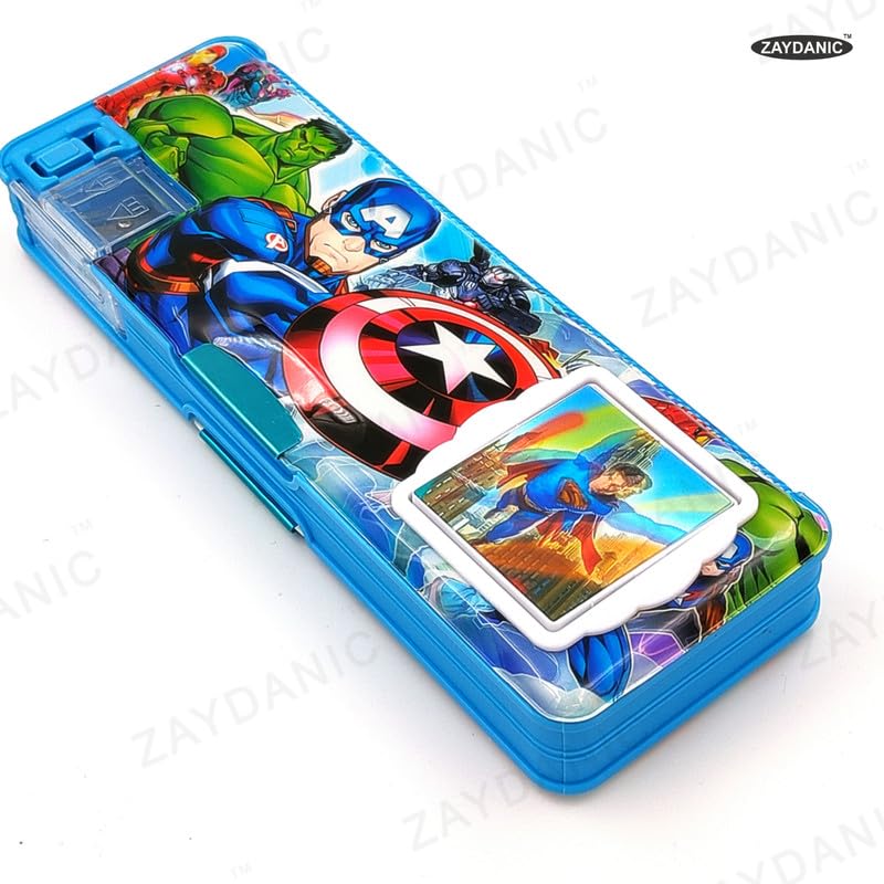 Image of Avenger Pencil Box Integrated Sharpener and Calculator, Magnetic Lock, Dual Compartments, Cartoon Stationery Case School Kit for Girls, Kids, Students Combo Set of 5in1