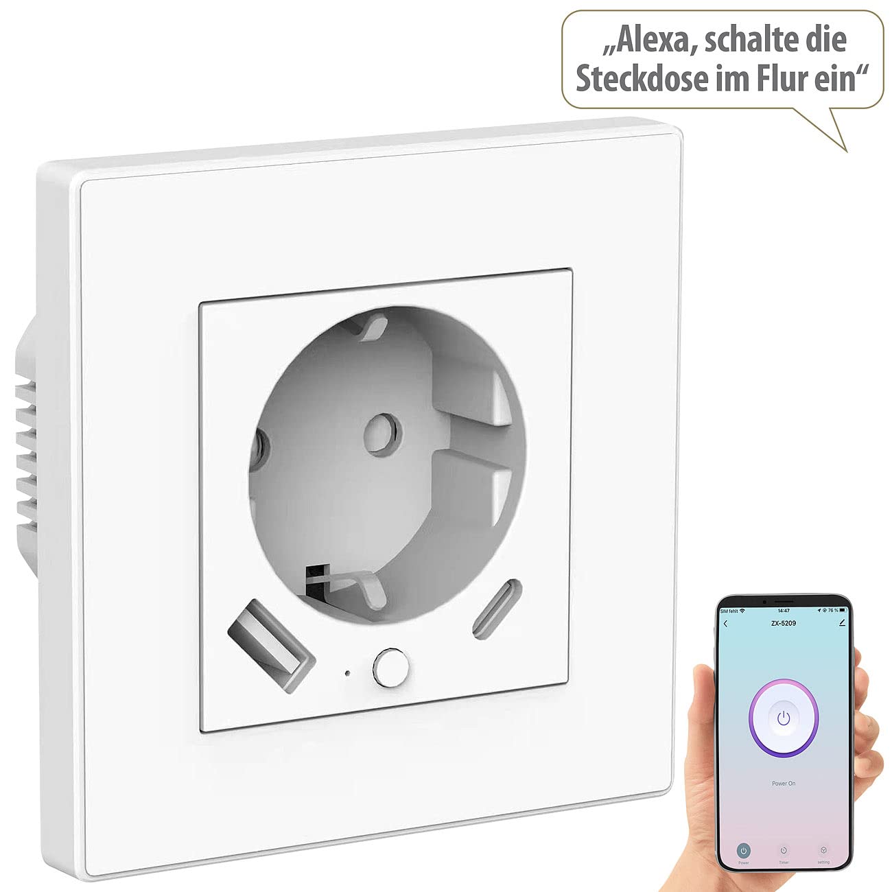 Luminea Home Control Steckdose Smart: 5er-Set WLAN-Unterputzsteckdosen mit App, je 1x USB A, 1x USB C, 2 A (Steckdose C, Netzwerk schalten, Tischsteckdose)