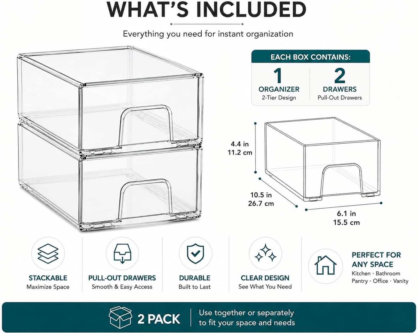 2 Pack 2-Tier Stackable Storage Drawers, Clear Plastic Organizers for Bathroom, Makeup, Vanity, Medicine Cabinet, Kitchen Counter, Pantry & Office