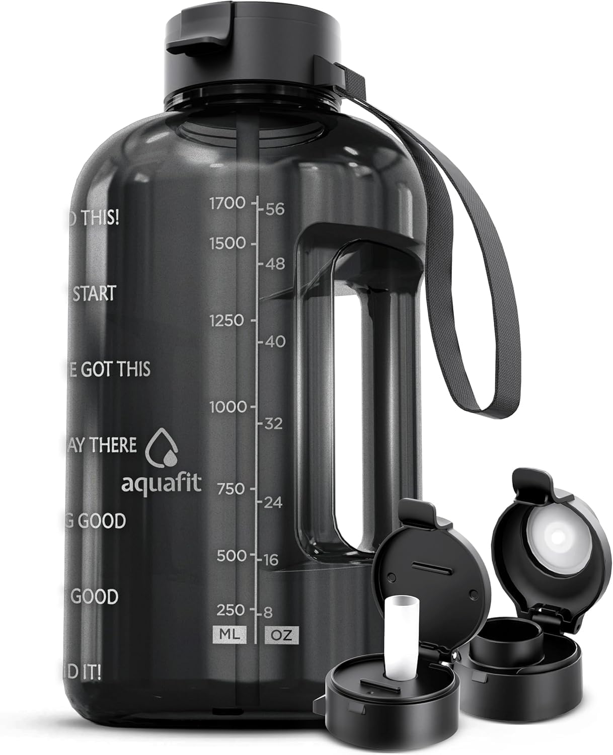 - AQUAFIT Half Gallon Water Bottle with Time Marker - Straw & Chug Lid - BPA Free Gym Water Bottle with Straw - Big Gallon Jug (Gray, 64 oz - 2 Lids)