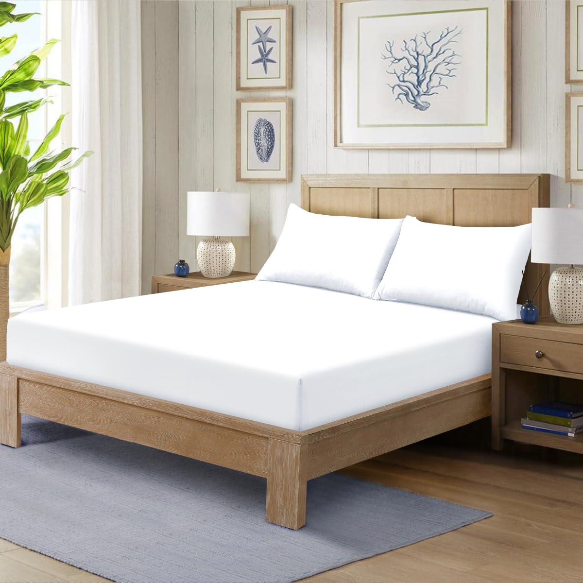 HADI LONDON Polycotton Fitted Sheets for Single Double King Super King Size Bed Plain Dyed 25 cm Extra Deep Fitted Sheet Cover with 200 Thread Count and Elasticated Edges (White, Super King)