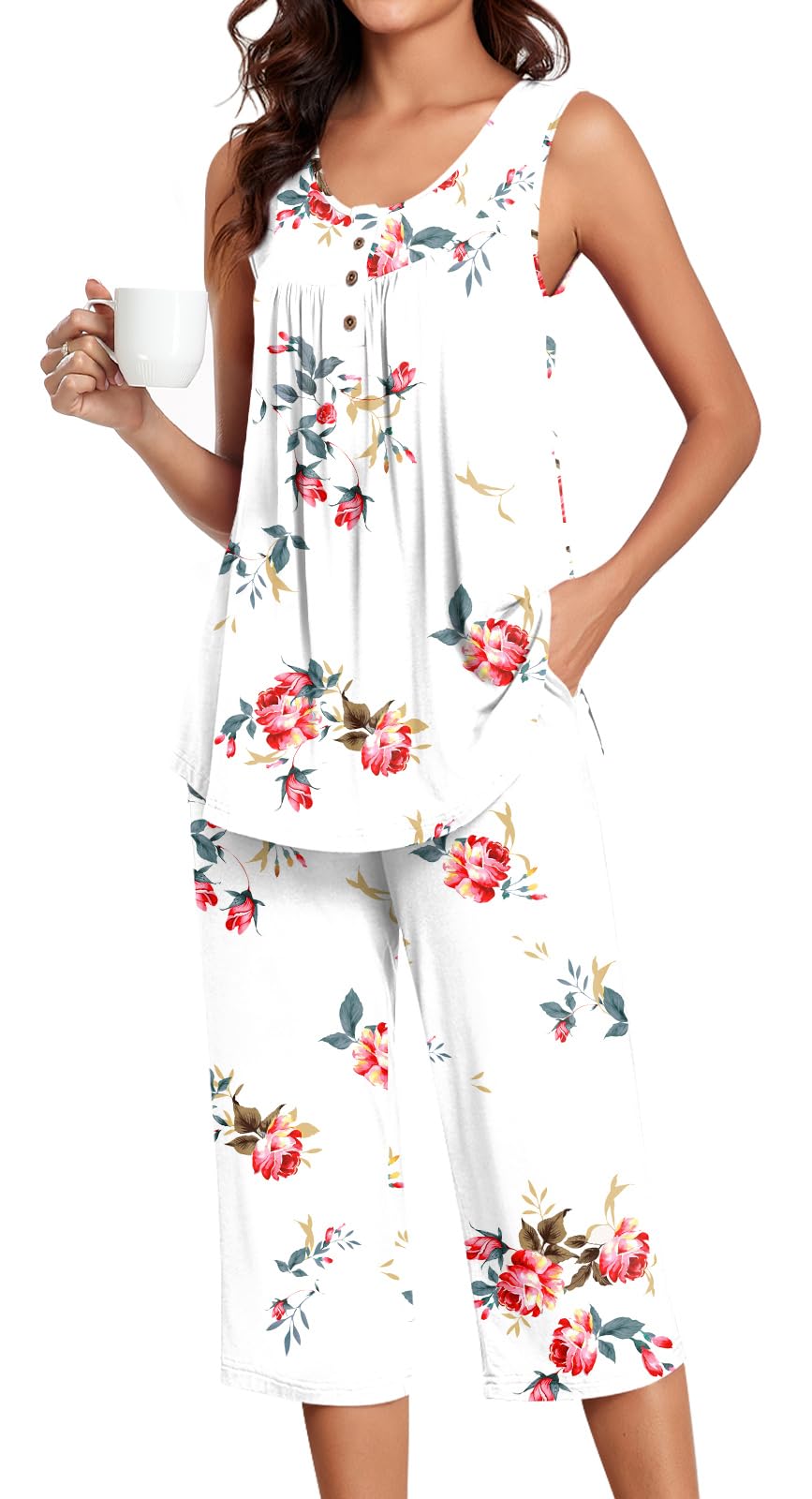 Bestbee Women's Sleeveless Pajama Sets 2 Piece Sleepwear Summer Lounge Outfits Henley Tanks Capri Pants Ladies Pjs