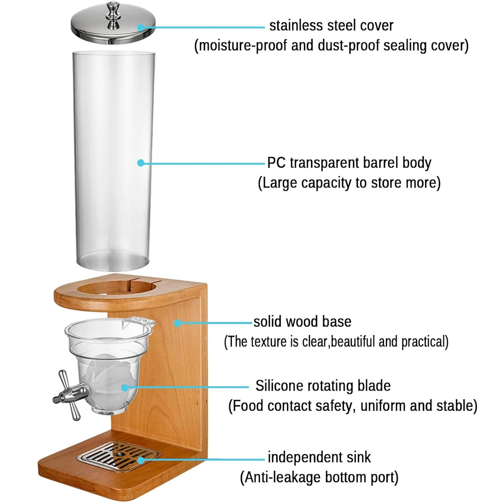 Dispenser Per Cereali, Contenitore Ermetico Da Cucina Con Base In Legno (per Contenitore Da 4 Litri), Può Contenere Frutta Secca, Legumi, Caramelle, Snack, Grande Capacità, Ideale Per Casa, Null