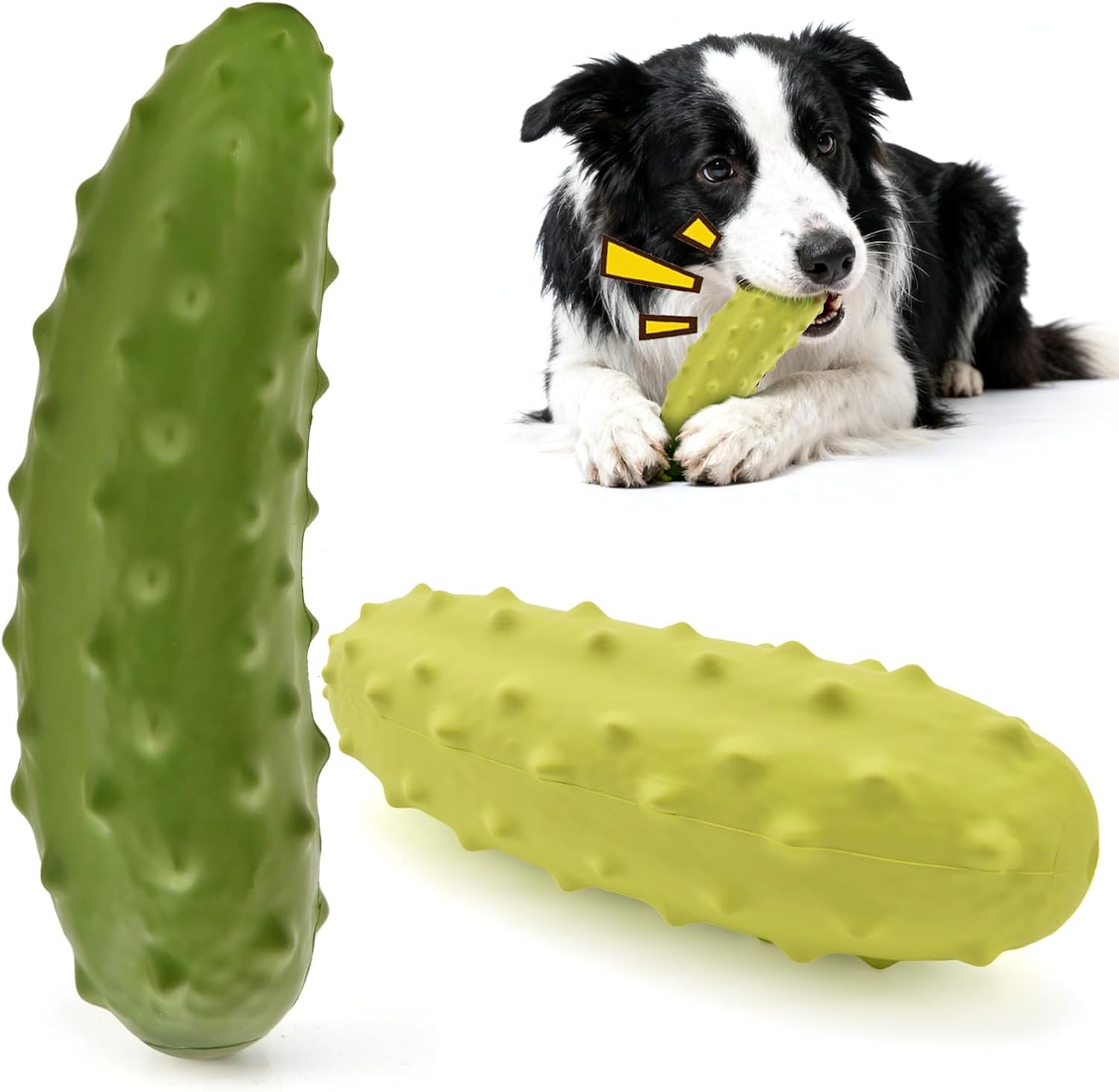 LIFLIX 2PCS Tough Squeaky Dog Toys, Durable Dog Chew Toy with Natural Rubber, Teething Toys for Medium Large Breeds, Cucumber Pickle Shape, Yellow & Green