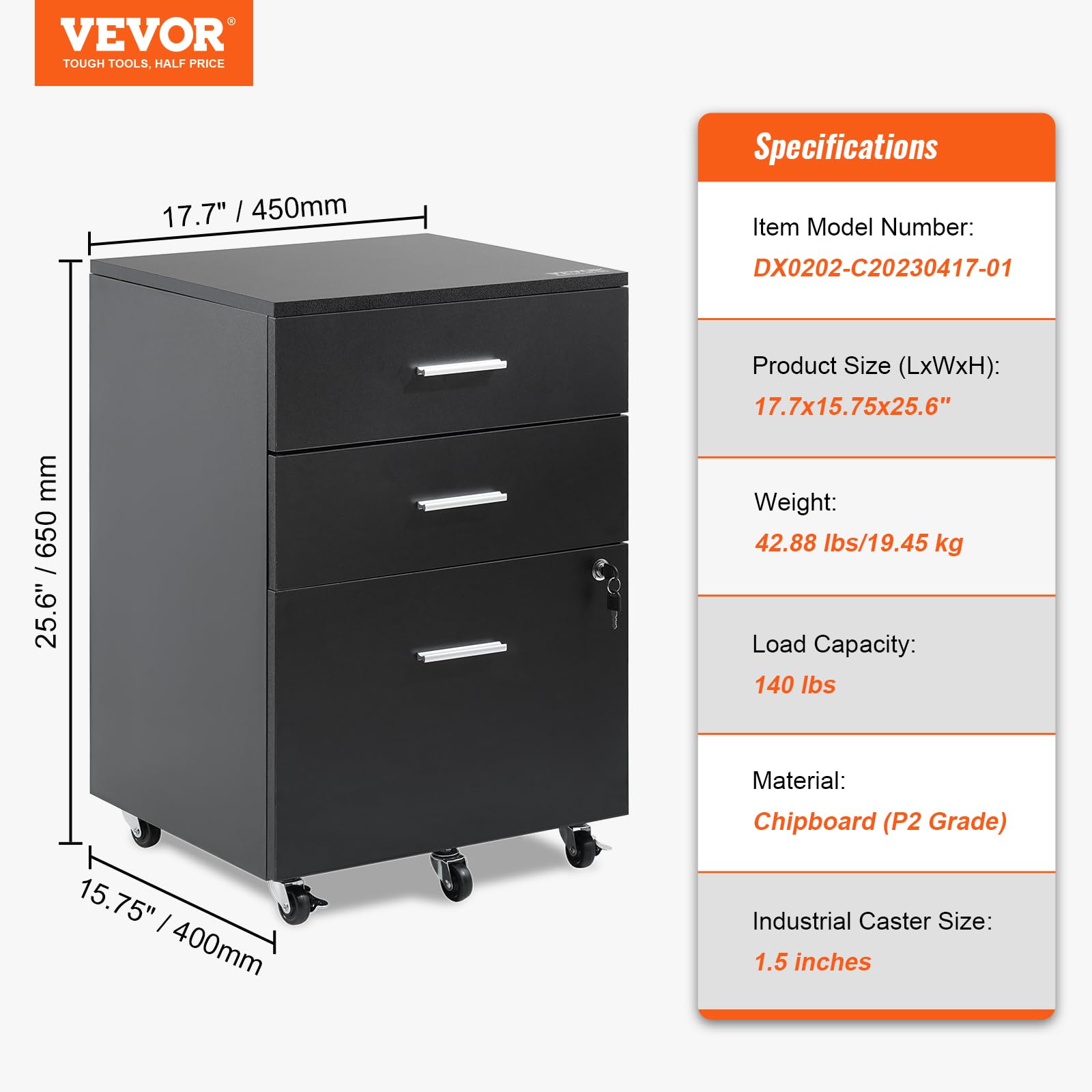 VEVOR Aktenschrank aus Holz mit 3 Schubladen, Aktenschrank mit Verschluss für Brief/A4-Format, 5 Rollen, Schwarz