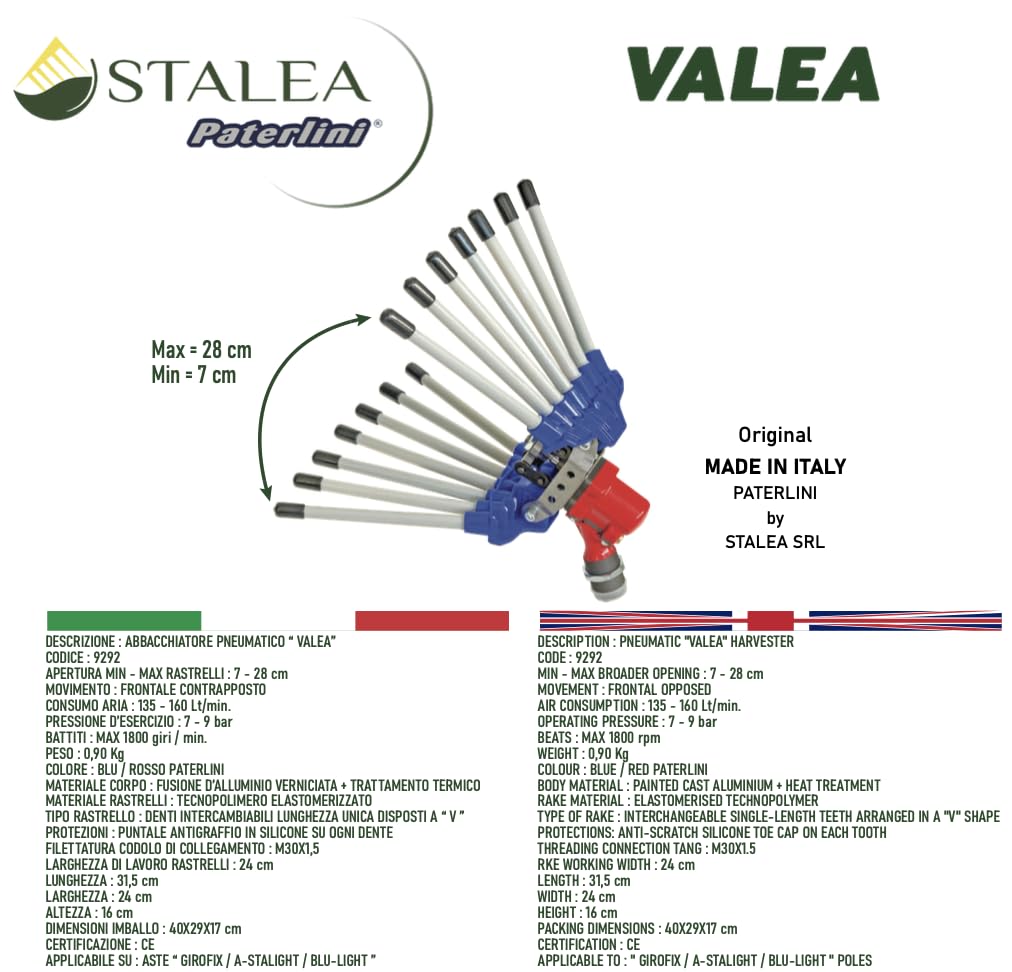 PATERLINI VALEA - Abbacchiatore Pneumatico Professionale per Raccolta Olive, Made in Italy - Scuotitore Raccogliolive ad Aria Compressa, Leggero e Potente
