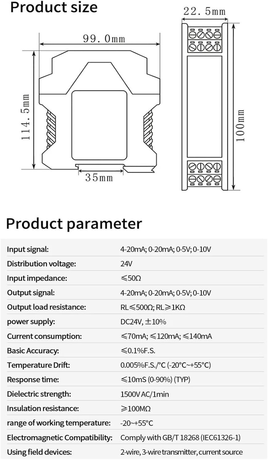 DC24V 4-20mA to 0-10V DC24V Signal Converter 0-10mA 0-20mA to 0-10V 0-5V 1-5V Analog Signal Isolator 1 in 1 Out 1 in 2 Out(1 in 3 Out,0-10MA_Output 0-10V)