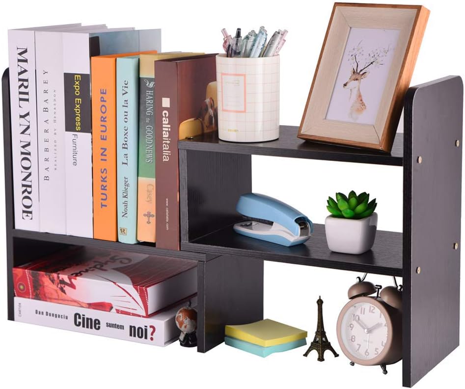 Adjustable Wood Desk Storage Organizer Desktop Arc Rounded Corner Display Shelf Rack Bookshelf Multipurpose Counter Top Wooden Bookcase for Office Accessories Kitchen Children Study Supplies (Black)