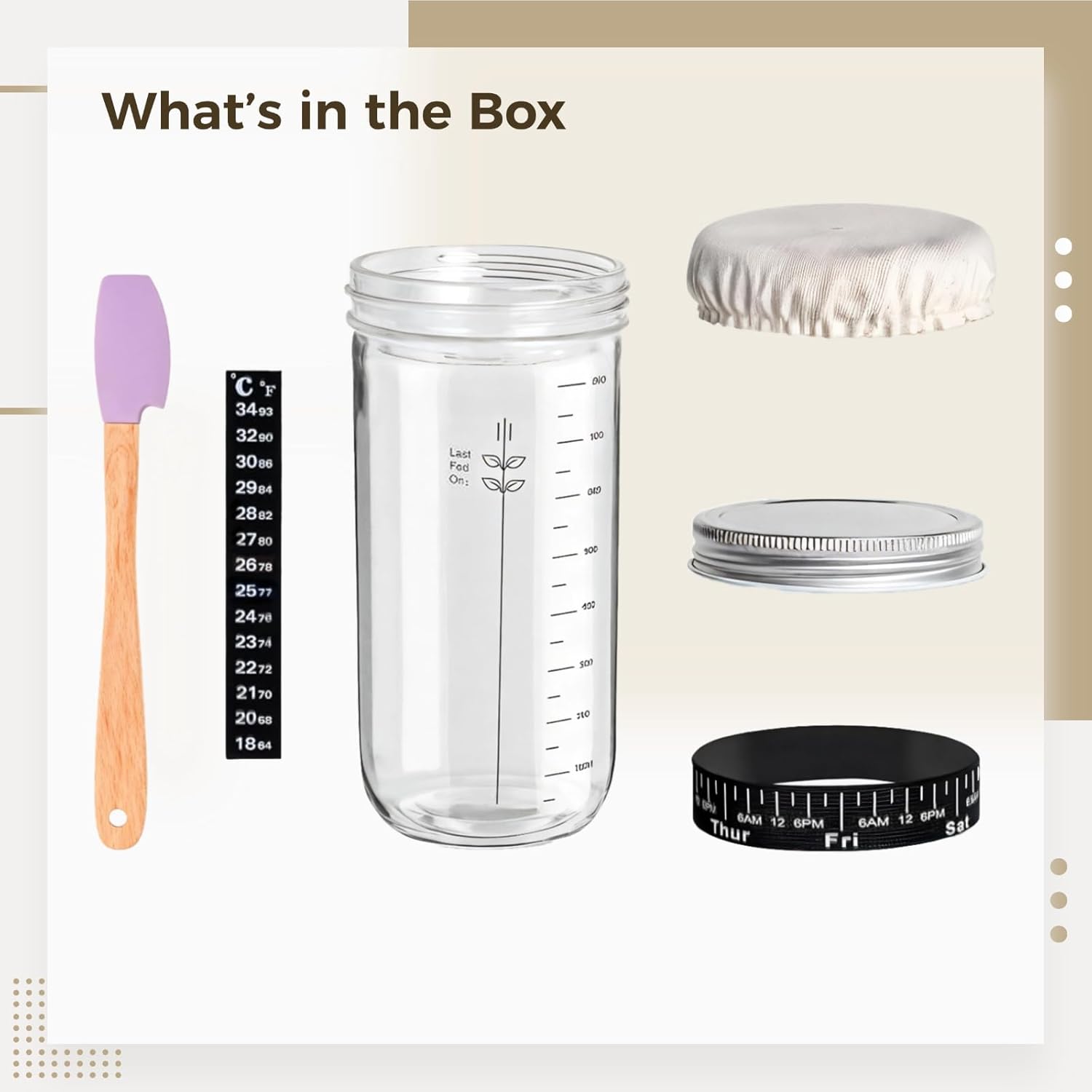 34Oz Glass Kit with Thermometers, Cloth Covers, Bands, Scrapers, Lids, and More, Ideal for Bread Baking
