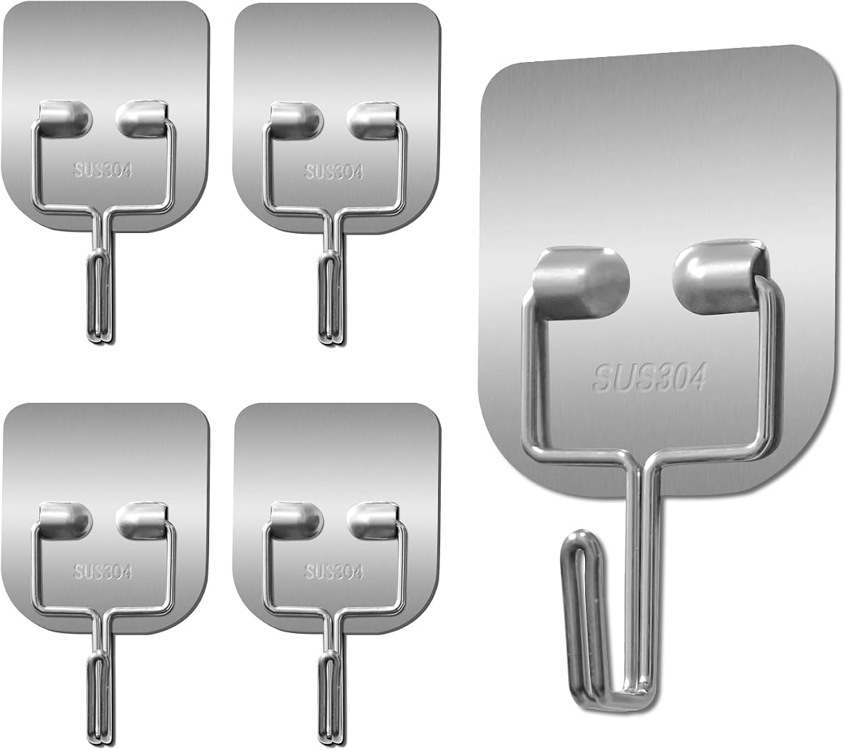 Ganchos de pared autoadhesivos de metal resistente – Ganchos impermeables de acero inoxidable para colgar toallas/abrigos/llaves – Adhesivo fuerte, resistente al óxido – Paquete de 5 para baño/cocina/exterior