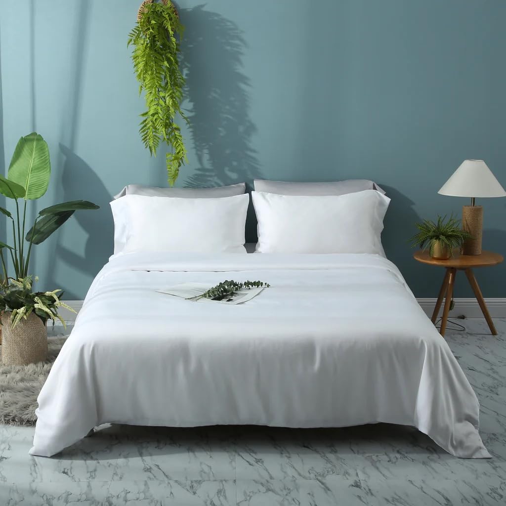 Waterlily 100% Bamboo Lyocell Bedding Set 3 Pcs Duvet Cover & Pillowcases Double King Organic Natural Soft Vegan Silk Luxury Bed Linen (White - Image 4