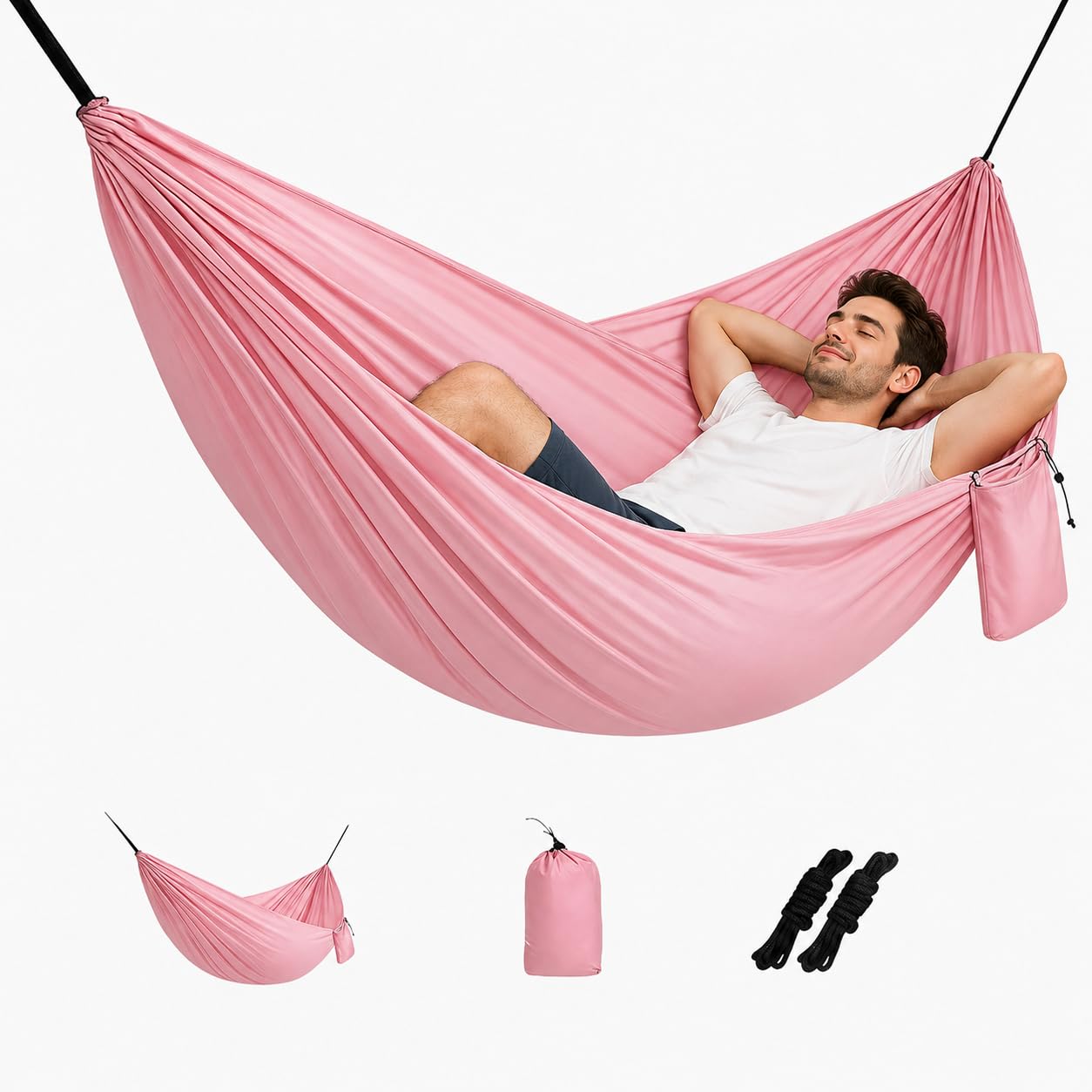 Camping Hammock Lightweight, Portable Hammocks Parachute-Hammock with Two Tree Straps, Single or Double-Hammock with Tree Straps and Carry Bag for Beach Backpacking Hiking (Pink)
