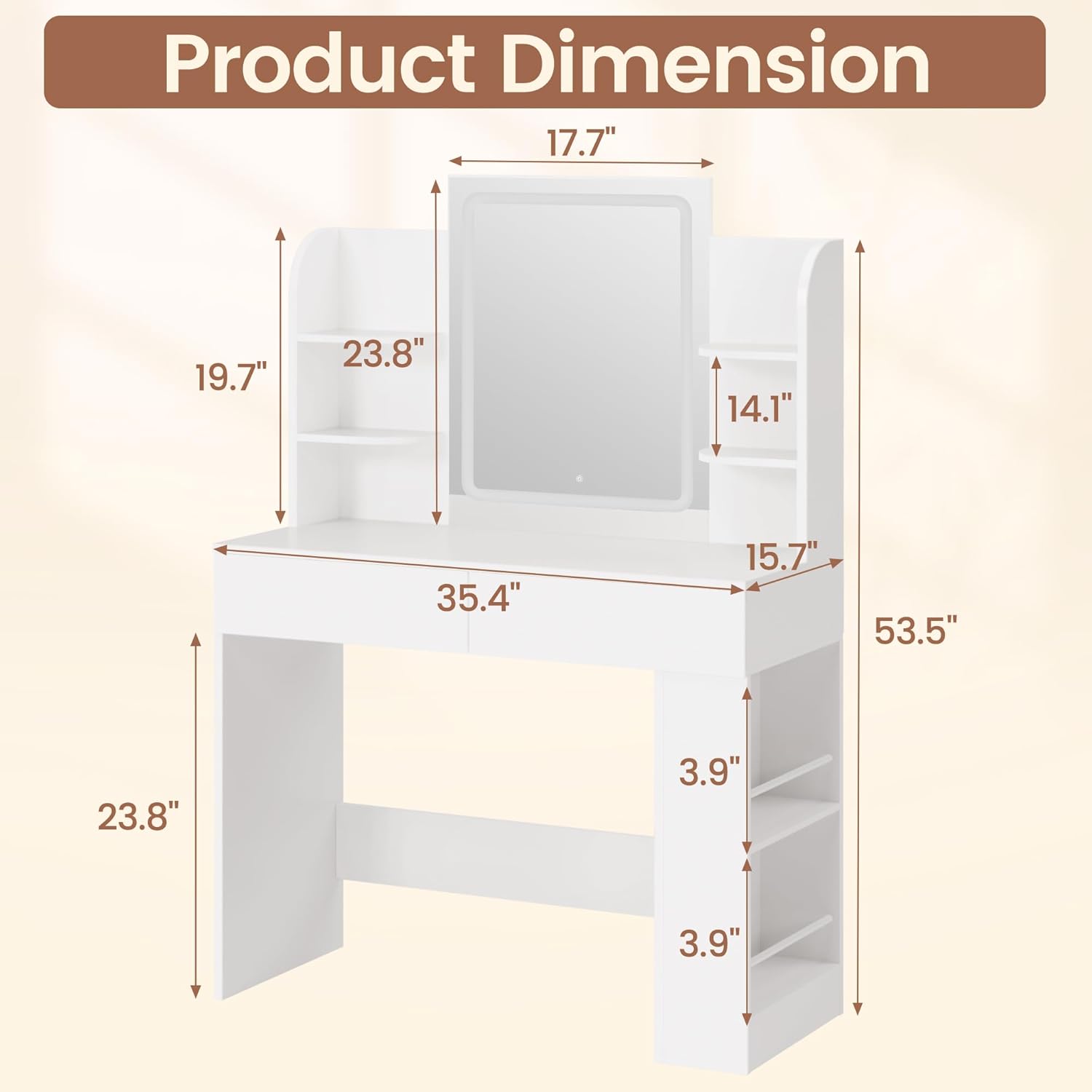 YESHOMY Vanity Desk with Mirror and Lights,35.4" Makeup Vanity with 2 Storgae Drawers, 2 Side Shelves and Open Storage Shelves, 3 Color Modes, for Bedroom, Classic White