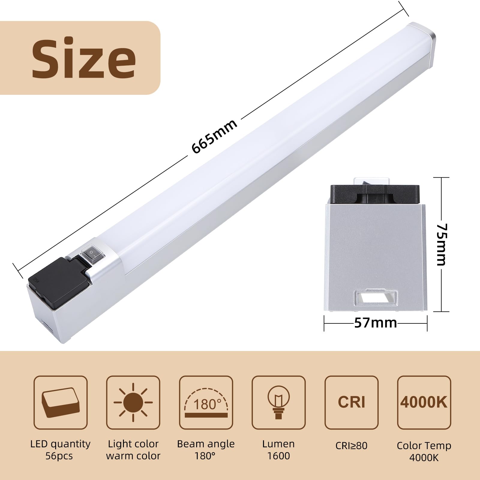 Aigostar Lámpara LED de Espejo con toma de corriente 66.5cm 15W 1350LM Lámpara de Baño 4000K Luz natural Lámpara LED de Pared IP44 230V Luz de Espejo de Baño de Blanco Apliques Espejo de Baño