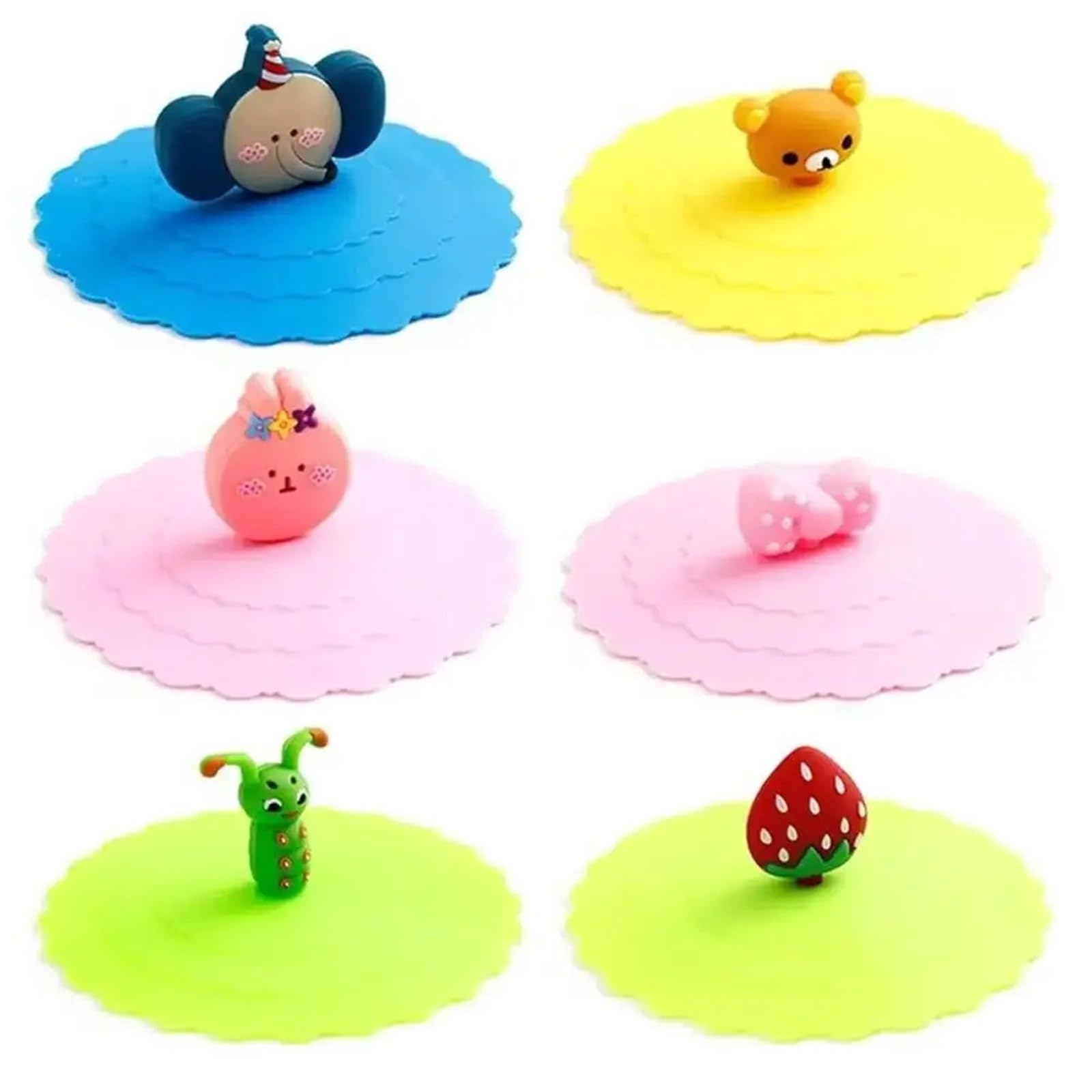 6Pcs Silicone Drink Cup Lids 10cm Creative Round Mug Cover Reusable Anti Dust Covers Cartoon Coffee Lid For Glass Tea Cups Coffee Cup