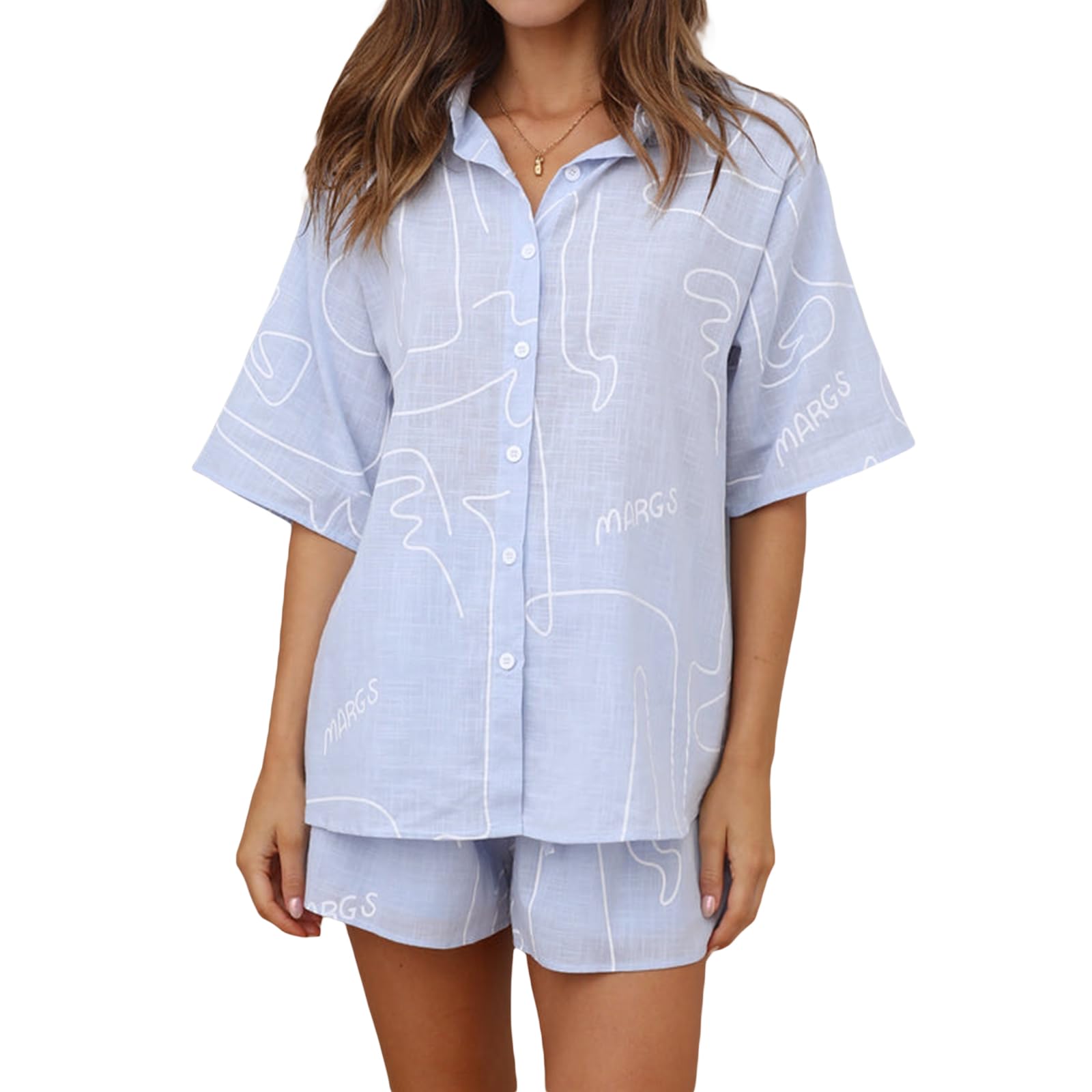 Felcia Women's Oversized 2 Piece Outfits Fashion Printed Short Sleeve Button Down Shirt Shorts Co Ord Set Summer Streetwear Beachwear (V-Light Blue White, L)