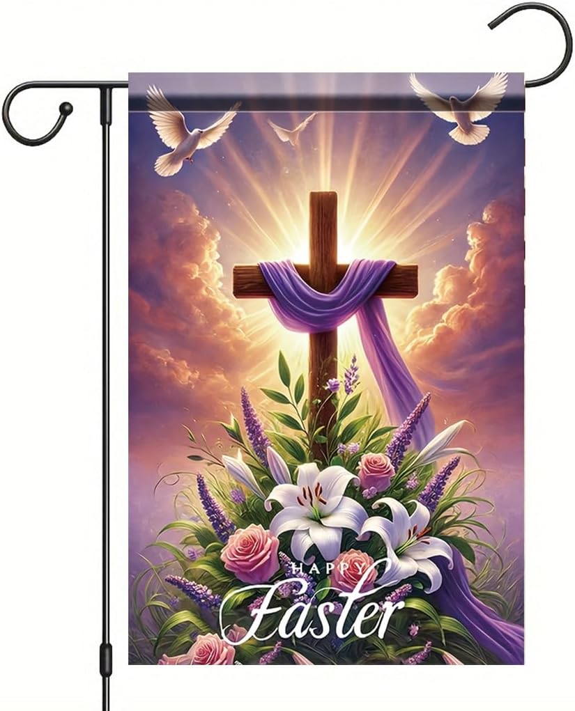 Happy Easter Garden Flag 12x18 Inch Double Sided Outdoor Yard Banner Cross with Purple Cloth White Lilies and Doves Religious Spring Porch Lawn Home Decoration - Image 5