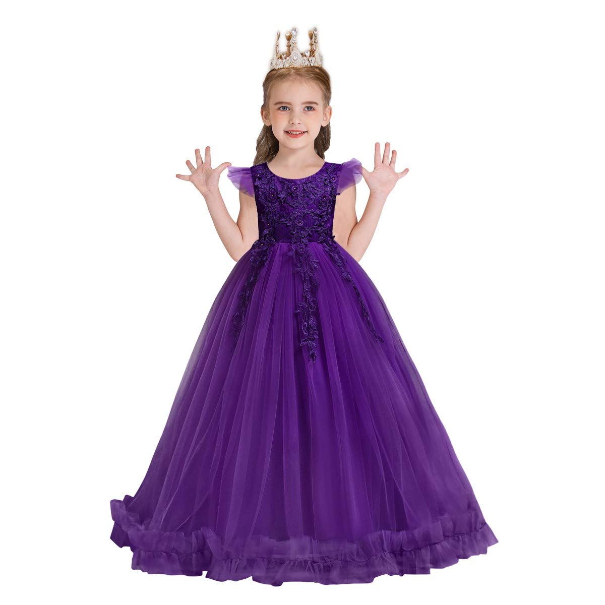 WOCINL Flower Girls Lace Appliques Wedding Dress Princess First Communion Long Tulle Birthday Pageant Party Dance Ball Gown Purple 5-6 Years