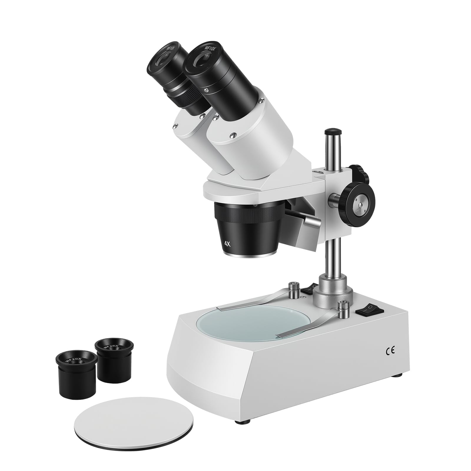 Stereo Microscope，Binocular Microscope, WF10x and WF20x Eyepieces, 10X-80X Magnification, Upper and Lower LED Light Source, Pillar Stand,120V Power