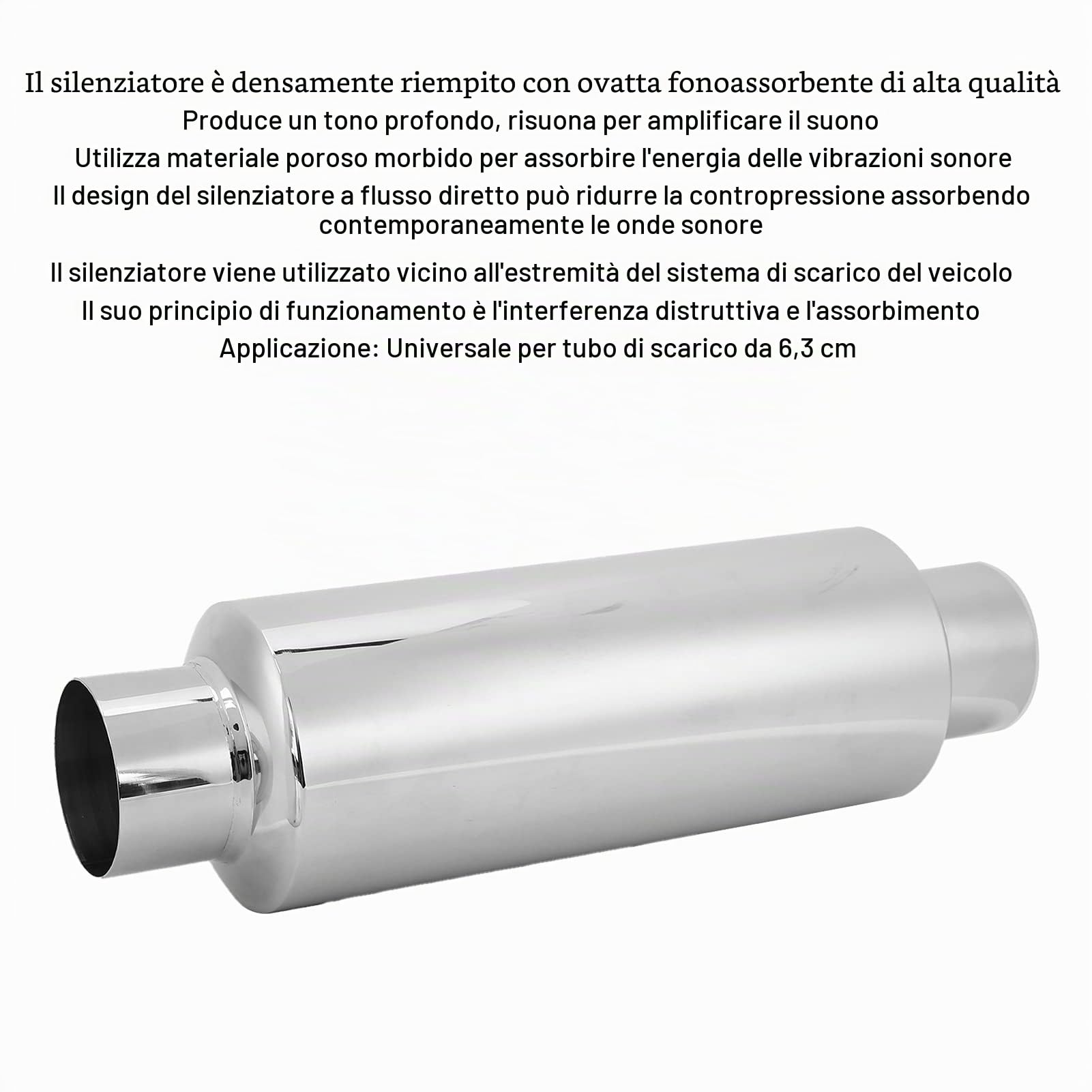 Silenziatore di Scarico Universale in Acciaio Inossidabile 2,5 Pollici per Auto e Moto Dritto con Smorzamento del Rumore e Assorbimento delle Vibrazioni