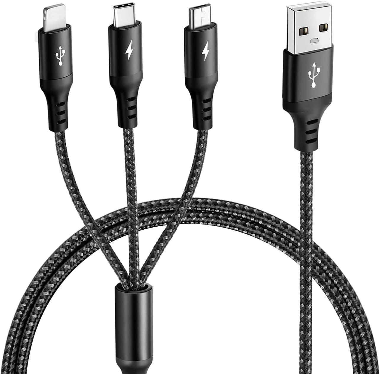 Multi USB Charger Cable 3.5A, 1.8m Charging Cable Nylon Braided Fast Charge Universal 3-in-1 Charging Cord Adapter for IP/Type-C/Micro-USB Ports Compatible with Cell Phones, Tablets (Black)