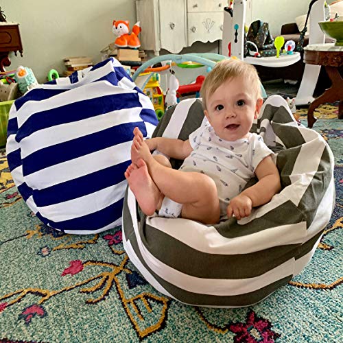 2 Packs Stuffed Animal Storage Beanbag Cover 24" Bean Bag Storage For Kids Girs Boys Room Toys Organizer Heavy-Duty Zipper Bean Bag Chair Covers Only Grey Blue White Stripes Cotton Canvas #TOP3