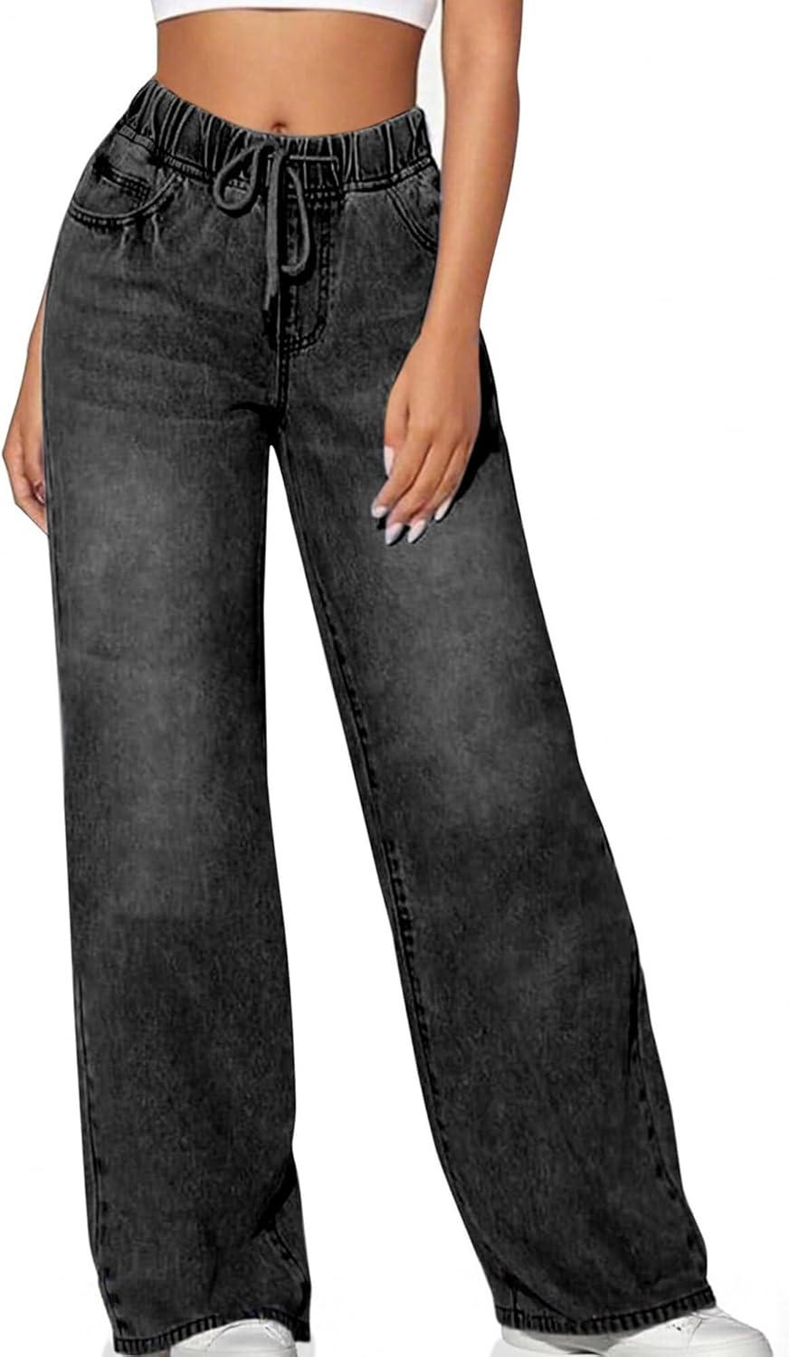 Women's High Waisted Wide Leg Jeans Drawstring Loose Fit Elastic Waist Straight Leg Sweatpant Denim Pants 2025 Trendy - Image 2