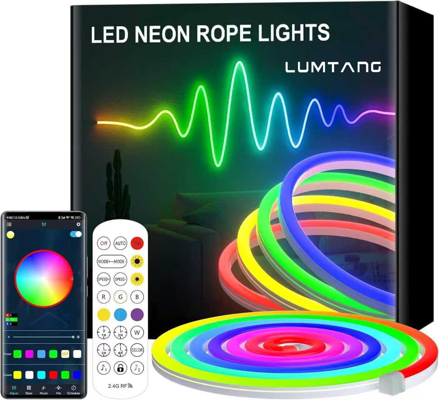 32.8フィート ネオンロープライト 柔軟なLEDロープライト アプリ/リモコンでコントロール、複数モードのロープランプ、IP65