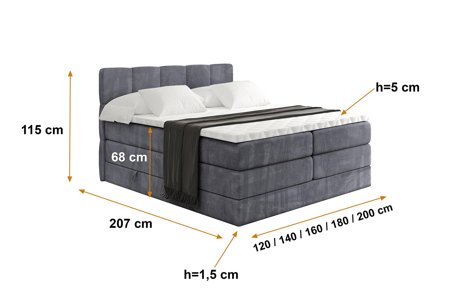 ALTDECOR Boxbett mit H3 H4 Matratze LIRO King - 180x200 - Dunkelgrau