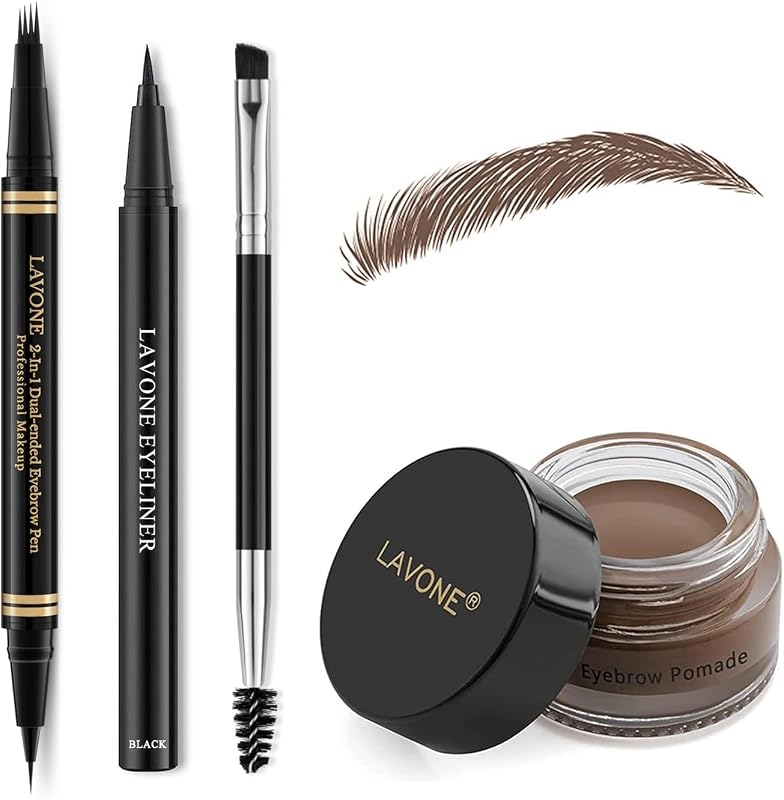 Eyebrow Pen Makeup Kit, with 4 Tip Waterproof Microblading Eyebrow Pencil, Eyeliner, Eyebrow Pomade and Dual-ended Eyebrow Brush, Brow Pencil Eyebrow Kit for Natural Looking - Dark Brown