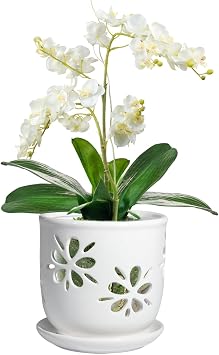 vensovo 1 Pack 6 Inch White Ceramic Orchid Pot with Holes and Saucer