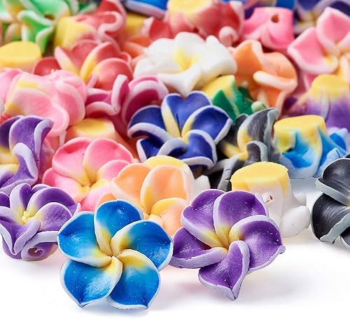 Miniatura 3 de Craftdady 200 cuentas sueltas de arcilla polimérica Plumeria Flower Spacer de 0.472 x 0.315 in, colores mezclados al azar, 5 pétalos, cuentas
