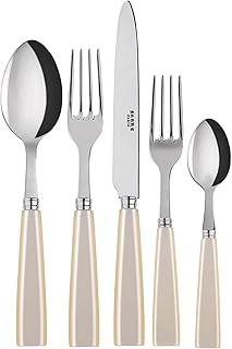 5-Piece Flatware Set - Icône Collection - Knife, Fork, Soup Spoon, Teaspoon & Dessert Fork - Stainless Steel & Acrylic - Dishwasher Safe - Pearly White