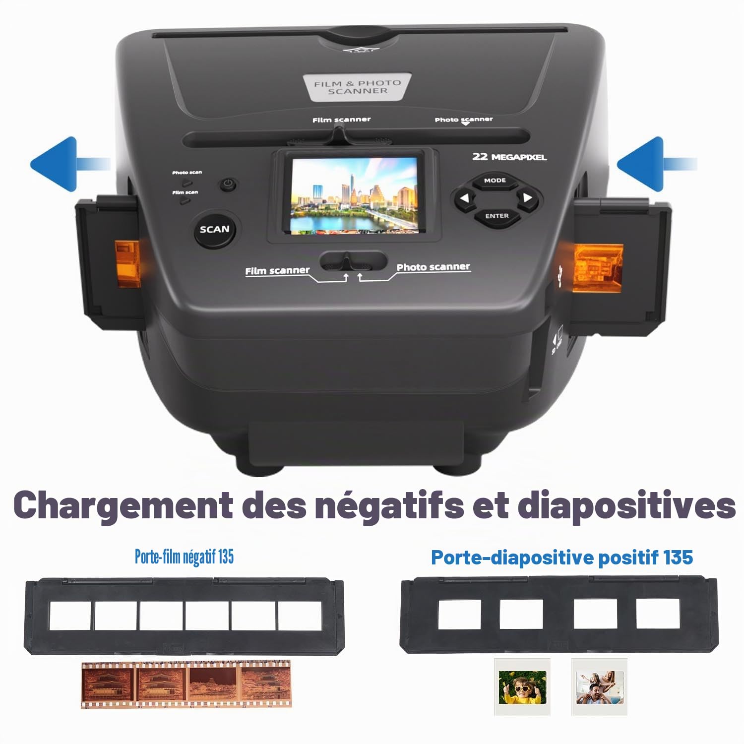 Scanner multifonction pour photos, diapositives et négatifs, convertit les négatifs/diapositives de 35 mm en format JPEG numérique 22 MP, carte mémoire 4 Go incluse, scanner de diapositives