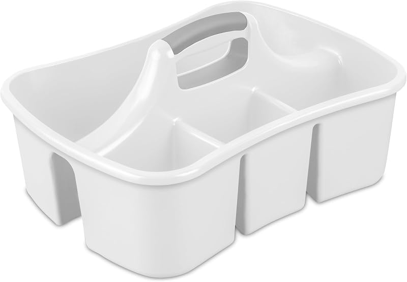 Large Divided Cleaning Caddy with 4 Compartments & Handle, 17.75" Plastic Utility Tote for Cleaning Supplies Under Sink, Bathroom & Garage Organization, White