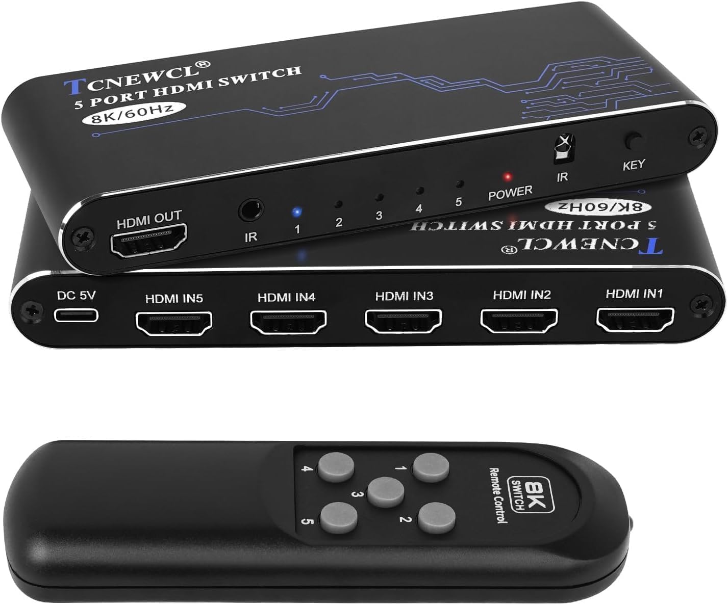 TCNEWCL 8K HDMI Switch 5 in 1 Out, HDMI Hub 8K@60Hz 4K@120Hz, HDMI 2.1 Selector Compatible with PS5 PS4 Xbox PC