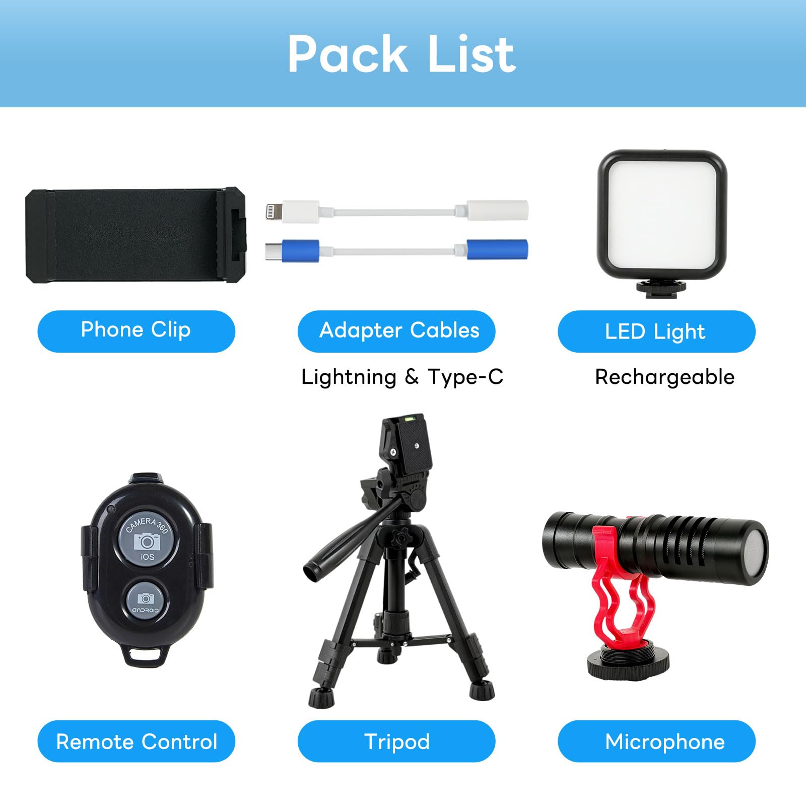 Kit per vlogging per iPhone e Android, compatibile con YouTube Starter Kit con luce LED ricaricabile + microfono + clip per telefono + treppiede in alluminio per Vlogging Instagram TikTok