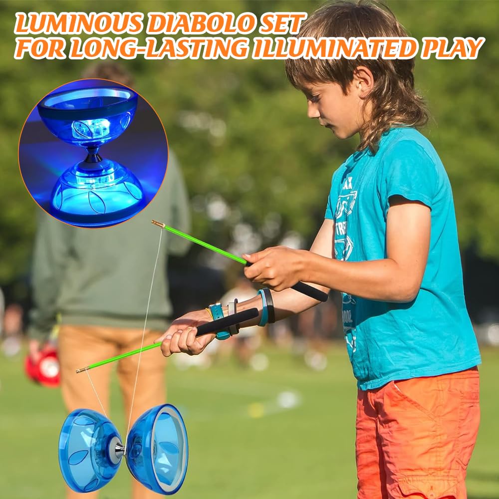 Diabolo, LED Diabolo Roulement à Billes, Kit de Jonglerie Triple Roulement avec 2 Paires de Baguettes à Main + 4 Kits de Cordes de Rechange, pour Débutants Professionnels, Bleu
