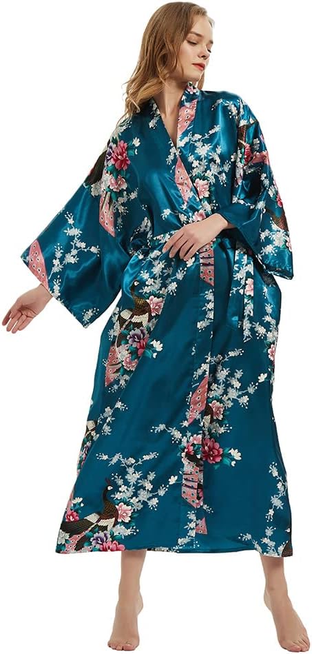 Wiiiwish レディース 着物ローブ ロング 花柄 サテン 寝間着 シルキー バスローブ 独身 ローブ