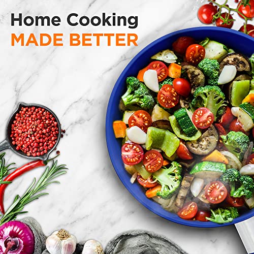 Nutrichef 12" Fry Pan With Lid - Large Skillet Nonstick Frying Pan With Silicone Handle, Ceramic Coating, Blue Silicone Handle, Stain-Resistant, Easy To Clean, Professional Home Cookware #TOP6