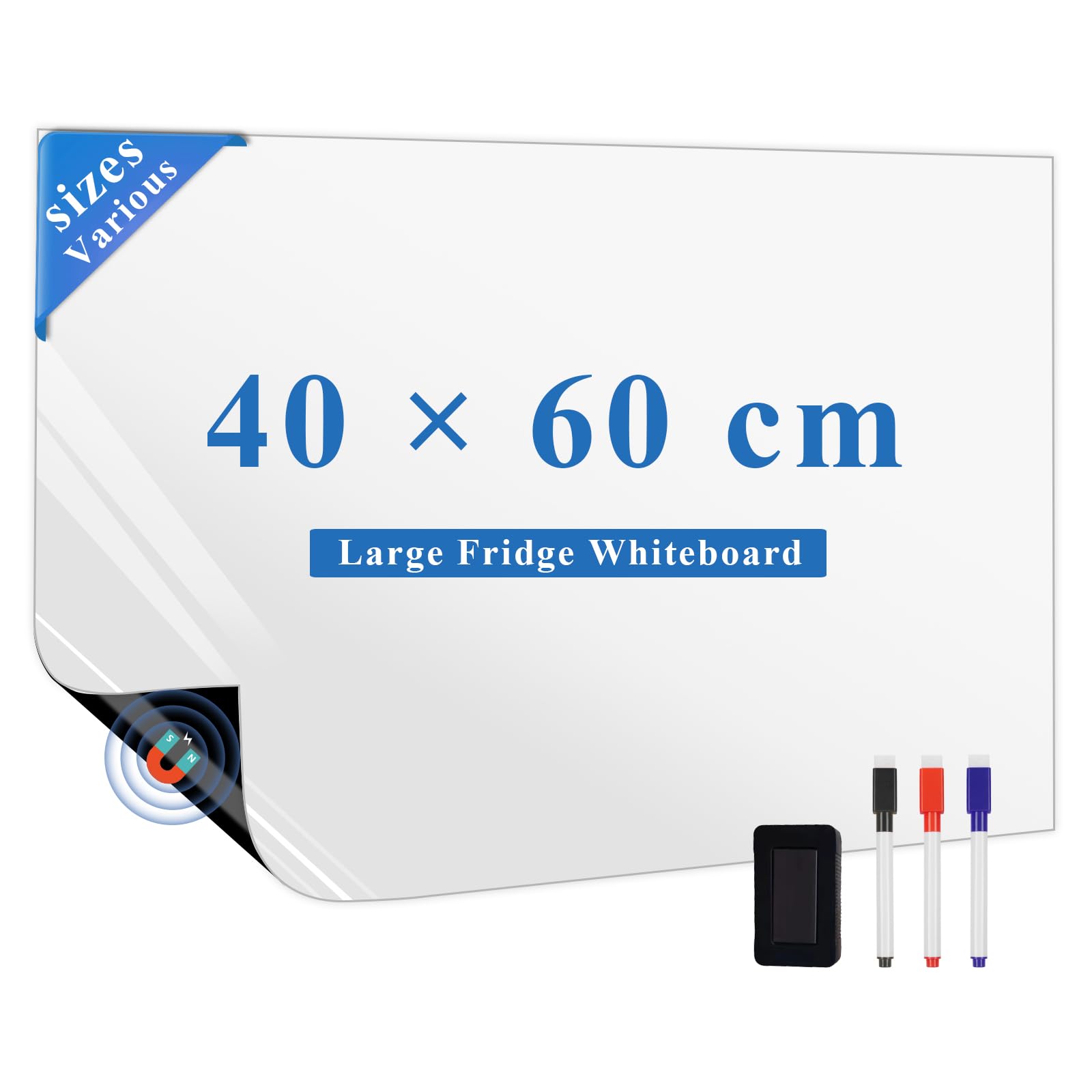 LYZZXI Tableau Blanc Magnetique Frigo (40 x 60 cm) - Effacable Tableau Aimanté pour Listes de Courses, Réfrigérateur, Notes, Messages, avec 3 Marqueurs + 1 Effaceur