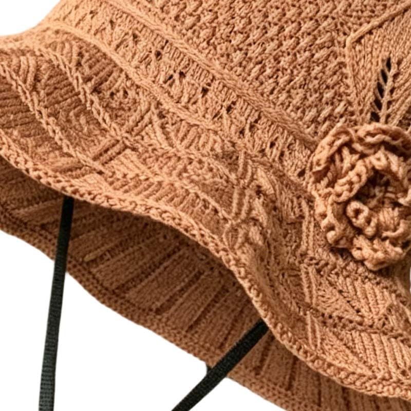 Women's Crochet Bucket Hat with Flower Accent Wide Brim Beach Floppy Cap Portable Foldable for Summer Holiday