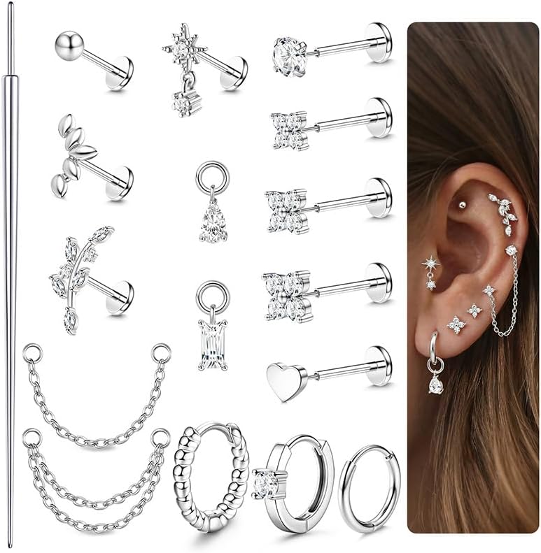 ORAZIO 16G/18G/20G Threadless Flat Back Earrings 316L Surgical Steel Cartilage Earring Stacks Flatback Push in Nose Rings Studs Hypoallergenic Tragus Helix Conch Labret Medusa Piercing Jewelry