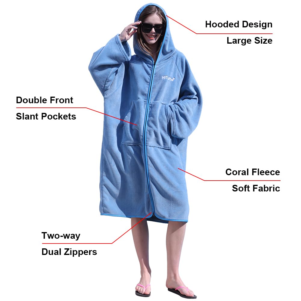 Hiturbo Poncho de surf à capuche avec fermeture éclair : combinaison de plongée surdimensionnée à capuche avec poche – Couverture de bain en polaire corail pour la plage, la piscine, le bain