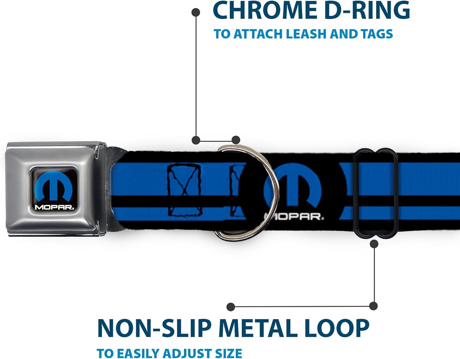 Buckle-Down Seatbelt Buckle Dog Collar - MOPAR Logo/Stripe Black/Blue - 1" Wide - Fits 11-17" Neck - Medium