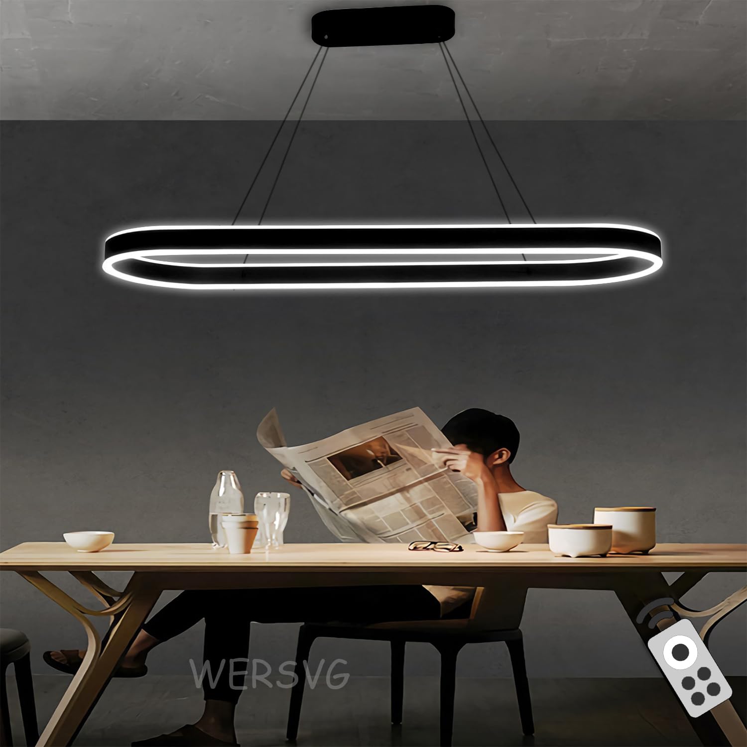 Modern LED Esstisch Pendelleuchte Oval Wohnzimmer Büroleuchter Dimmbar 3500K-6500K Schwarz Esszimmerlampe Pendellampe Hoehenverstellbar, für Restaurants Bars Büros Billardzimmer (Schwarz, L100cm,88W)