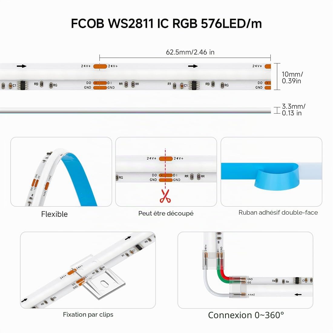 BTF-LIGHTING FCOB COB WS2811 IC RGB Bande LED Adressable DC24V 5M 576LEDs/M 16W/M 10mm Blanc PCB Parcours Lumineux Flexible Haute Densité LED IP66 étanche pour l'intérieur(Bande uniquement)