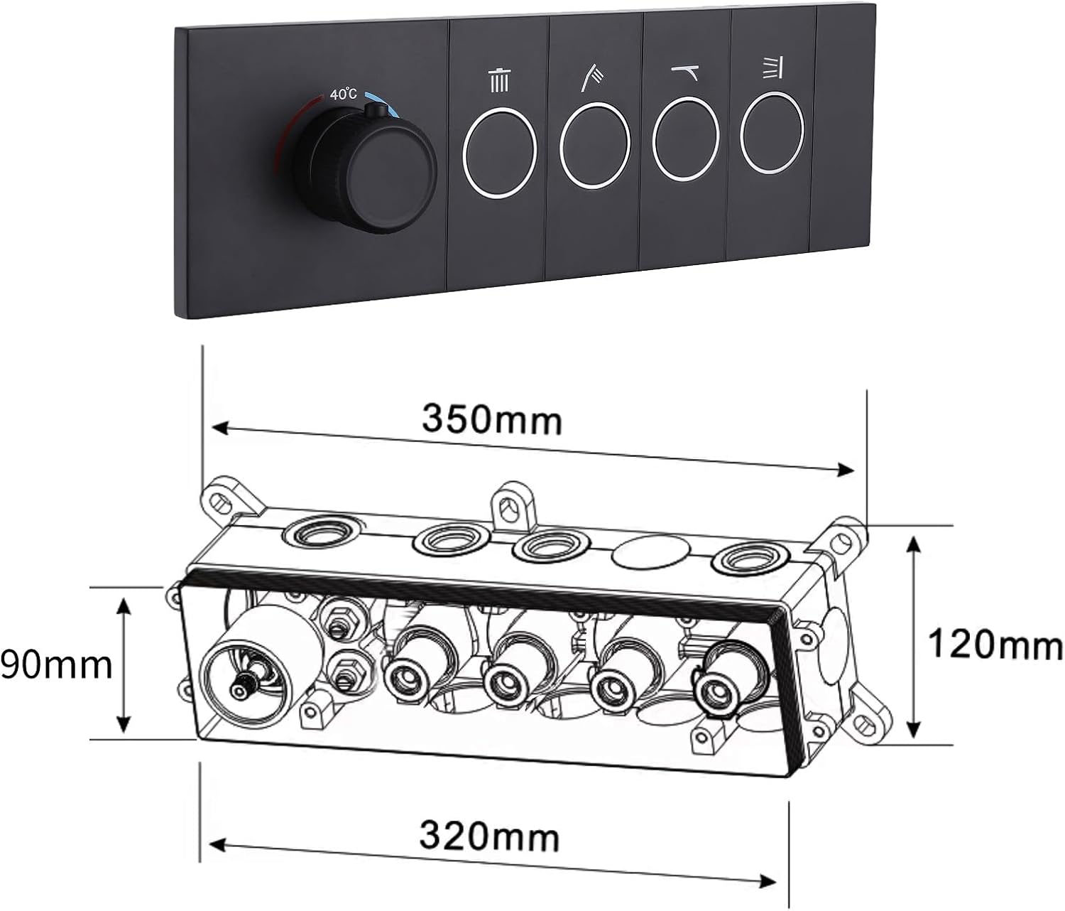Wall-Mounted Thermostatic Shower Valve LED Digital Display Shower Valves Concealed Shower Control Valve Kit 4 Functions Shower Faucet Valve with Embedded Box