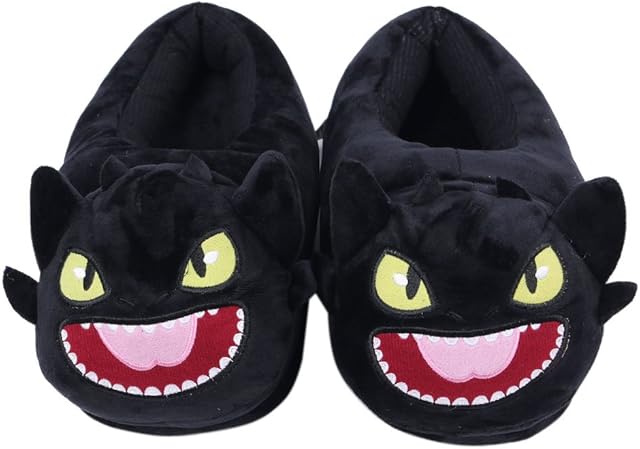 LYFF Toothless Cotton Slippers, Funny Personality Black Plush Shoes, Warm and Soft